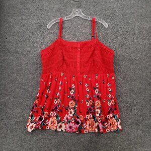 Torrid Top Womens 3 US 3X Plus Red Challis Babydoll Tank Tunic Gauze Floral